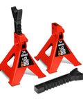 Pair of red DNA Motoring 3-ton jack stands with black lifting levers and a ridged connector bar.