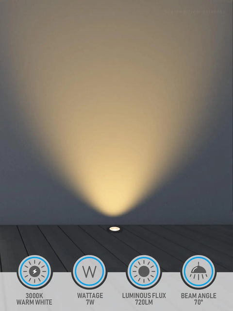 In Ground LED Well Lights Set, 7W, 720 Lumens, low voltage glow on wooden deck, black housing, IP67 waterproof, 3000K warm white