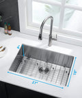 Top view of Drop In Kitchen Sink Single Bowl Stainless Steel 16 Gauge 304 Grade with sink strainer and grid, 27x18 inch, installed on white countertop