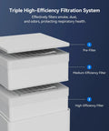 Triple High-Efficiency Filtration System with pre-filter, medium-efficiency filter, and high-efficiency filter for air quality.