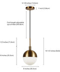 Eight Inch Wide Small Pendant Light With Glass Shade In Brass And White Milk Glass Perfect For Modern Kitchens And Compact Spaces Use In Multiples Over A Kitchen Island For Cohesive Lighting, with measurements shown.