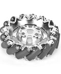 Top view of a 6-inch metal mecanum wheel with 16 TPU rollers for omnidirectional movement.
