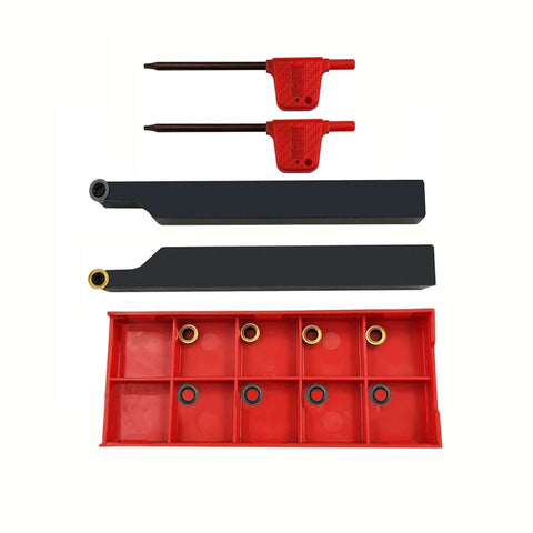 Front view of two red lathe turning tool holders with RCMT0602 carbide inserts in a red storage case