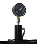 Close-up of pressure gauge on 10 Ton Adjustable Benchtop Hydraulic Shop Press for Garage Use, Built for Home Mechanics to Bend and Straighten Metal, Stamp Plates, Includes Pressure Gauge and Manual Hand Pump for Precise, Easy Pressing.