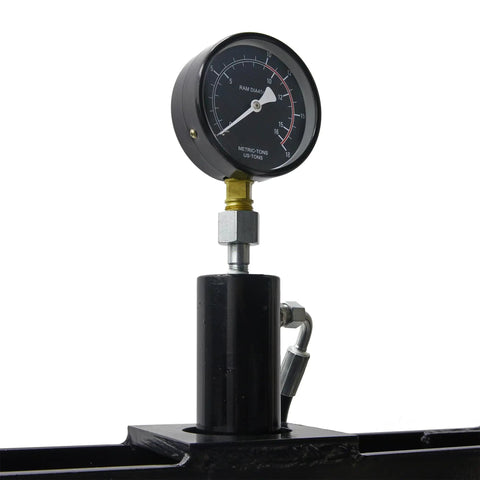 Close-up of pressure gauge on 10 Ton Adjustable Benchtop Hydraulic Shop Press for Garage Use, Built for Home Mechanics to Bend and Straighten Metal, Stamp Plates, Includes Pressure Gauge and Manual Hand Pump for Precise, Easy Pressing.
