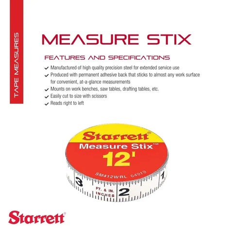 Packaging of Starrett Tape Measure Stix with Adhesive Backing for Quick Mount on Workbench Saw Table or Drafting Table, 1/2 Inch by 12 Feet