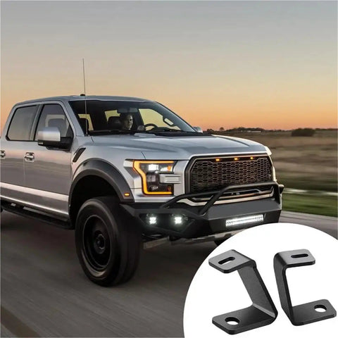 Off Road LED Pod Mount Bracket Kit 4 Pack With Adjustable Clamps For Front A Pillar Hood Mounts Universal Fit For Most LED Pods Easy Install Reliable Light Holder For Cars Trucks SUVs shown on vehicle with mounts
