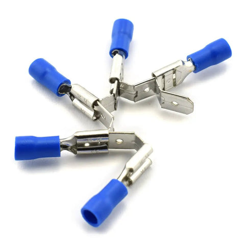 Blue connectors from 30 Pc Crimp Terminal Connector Kit With Wire Spade Quick Splice PVC Semi Insulated Piggy Back Terminals In AWG Sizes