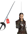 Deluxe Plastic Fencing Foil Sword For Cosplay Folks Renaissance Musketeer And Halloween Costumes with model holding 25 inch silver prop