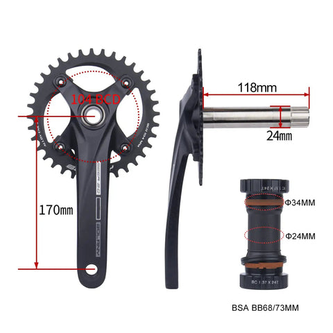 Front and side view of Hollow Integrated 170mm MTB Crankset With 104BCD, including bottom bracket, showing dimensions.