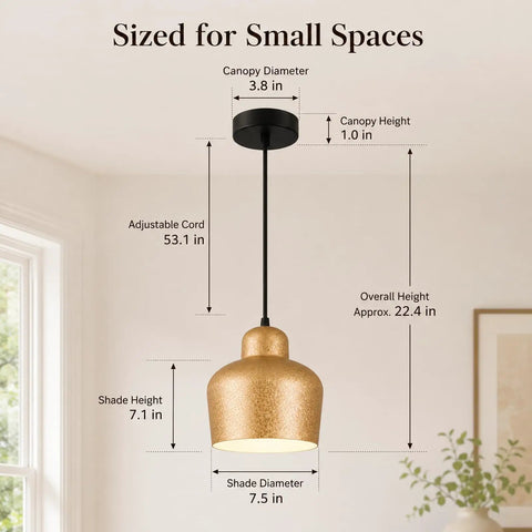 efperfect 7.5 in Gold Pendant Light Fixture, Modern Kitchen Island Lighting dimensions illustration with size details.