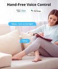 Woman using voice control with WiFi Smart Plug With Energy Monitoring, 15A Outlet, ETL Certified, Works With Alexa And Google Home