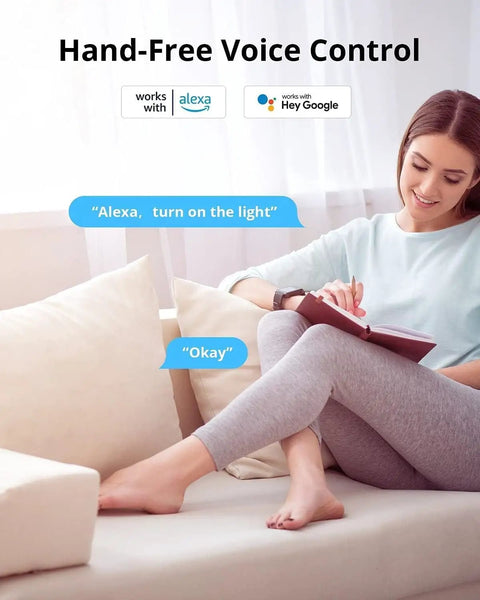 Woman using voice control with WiFi Smart Plug With Energy Monitoring, 15A Outlet, ETL Certified, Works With Alexa And Google Home