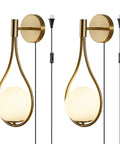 Teardrop Glass Globe Wall Sconce Plug In Two Pack In Brushed Gold Finish Mid Century Modern Drop Design Milk White Shade