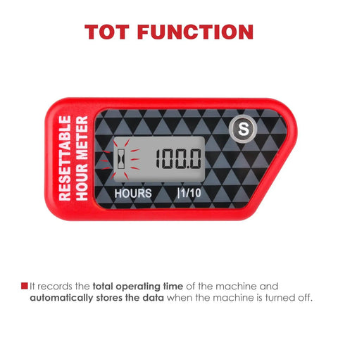 Hour Meter With Maintenance Reminder And Data Storage For Lawn Mower Chainsaw Dirt Bike Motorcycle And Marine Equipment Automatically Tracks Total Run Time When Spark Plug Signals Wake It Up And Lets You Reset The Timer red resettable digital hour meter with display