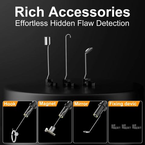 Accessories for Dual Lens Endoscope Camera With Light Borescope 5 Inch HD IPS Screen Inspection Tool, including hook and mirror attachments.