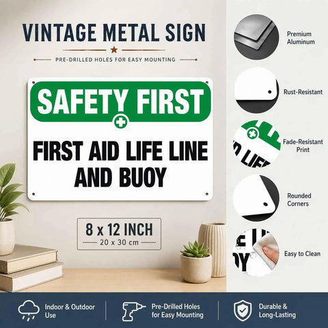 Durable 8x12 Inch Aluminum Safety Sign Life Line And Buoy For Workplace Factory Outdoor Public Space Tough As Nails And Ready For First Aid Protocols In Metal Signage.