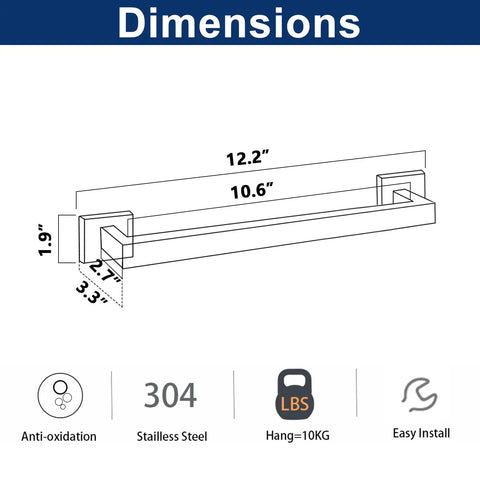 Dimensions diagram for Rustproof 12 Inch Matte Black Stainless Steel Towel Bar Wall Mounted For Bathroom Square Shower Towel Rack Premium Towel Holder SUS 304 Durable Mounting 1 Pack