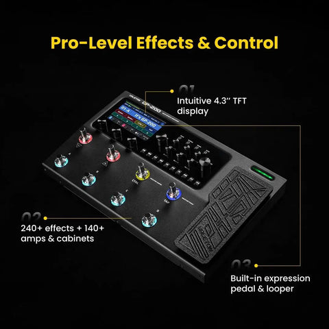 GP-200 Multi Effects Pedal For Guitar And Bass With Amp Modeling IR Loader shown with TFT display and controls