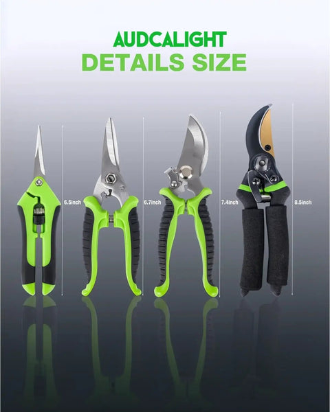 4 Pack Titanium Bypass Pruning Shears With Ergonomic Grips And Stainless Blades, Gardening Tool Kit With Gloves displayed