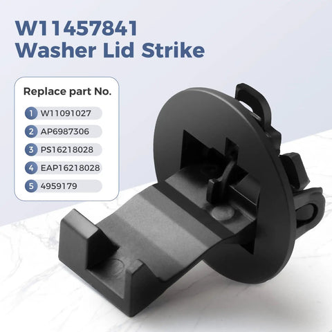 Image showing Washer Lid Strike Replacement That Fits Maytag And Whirlpool Washers, durable black door lock part with part numbers.