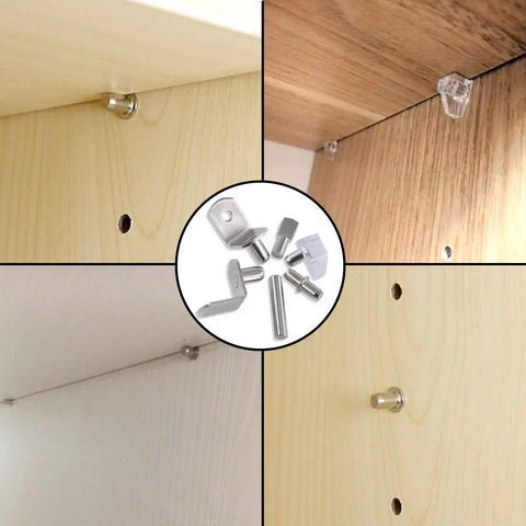 Heavy Duty Nickel Plated Shelf Pegs And Cabinet Support Pins For Quick Home Fixes, showing pegs in wood with mounting holes.