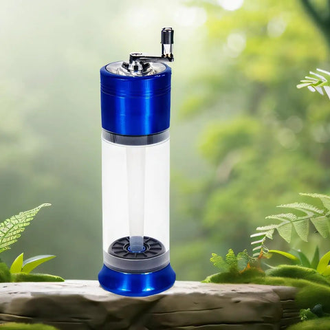 Do It All Three In One Spice Grinder With Hand Crank, Roller Crusher And Cone Filler, blue aluminum body and clear chamber