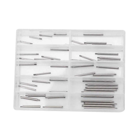 Watch Band Pins And Spring Bar Replacement Kit For Easy No Sweat Fixes Stainless Steel Pins In Two Boxes With Ten Sizes Includes Screws Durable Pro Grade Repair Kit For Watches And Straps in a transparent organizer box showcasing various pin sizes.