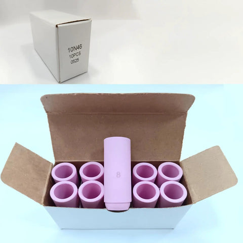 Open box of Ceramic Cup TIG Nozzle Kit 10 Pack For 17 18 26 Series Torches D12.5 By 47mm One Half Inch 10N46 Nozzle Gas Lens