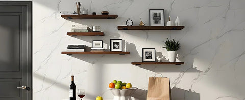 10 Inch Black Hidden L Shelf Brackets Set Of 12 Heavy Duty Iron Floating Shelf Brackets supporting wooden shelves with decor in living room.