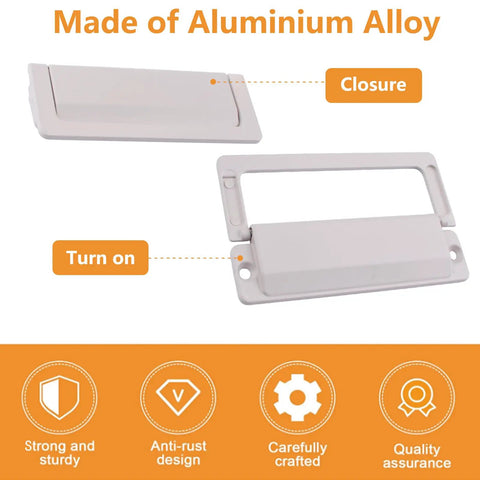 4 Pack Flush Ring Hidden Drawer Pull Handles for Cabinets and Closets, Aluminum Alloy, Cashmere Gray, Open and Closed View.