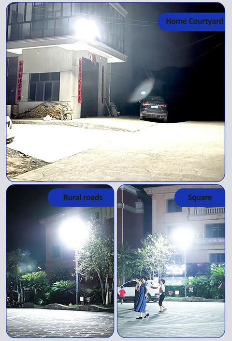 JUDYSSY 1000W Solar Street Lights Outdoor illuminating a home courtyard, rural road, and square at night with LED lamp.