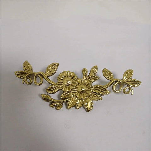 Retro Brass Drawer Knob With Double Hole Mount, Pure Copper Gold Hollow Flower Cabinet Pull, floral design