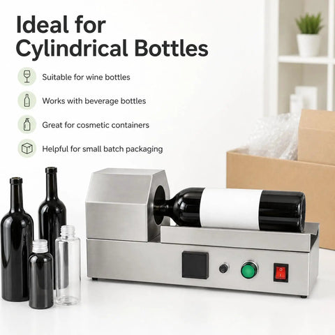 Compact Electric Heat Shrink Machine For Wine Bottle Neck Sleeves, automated sealer for glass bottles in a small workspace.