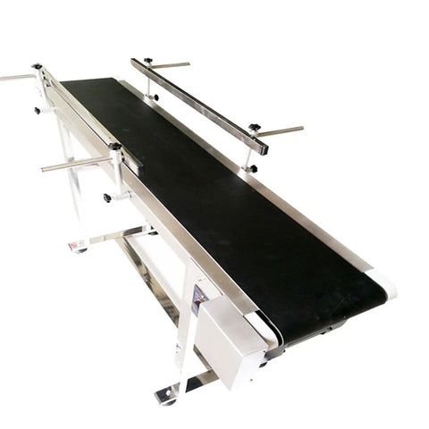 110V PVC Belt Conveyor With Double Guardrail Workhorse 47.2 Inch Length 7.8 Inch Belt Width Anti Static Industrial Grade Belt System With Adjustable Speed And Stainless Steel Frame For Smooth Material Handling showing top view with stainless steel frame and guardrails visible
