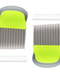 Two-pack crinkle cutter set with neon-green and gray handles; stainless steel wavy blades and blade guards