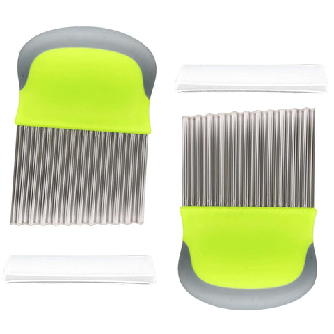 Two-pack crinkle cutter set with neon-green and gray handles; stainless steel wavy blades and blade guards