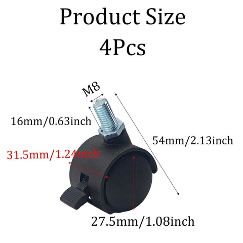 Four Pack One Inch Swivel Caster Wheels With M8 Threaded Stem Brakes Smooth As Butter Glide For Tables Cabinets Shelves No Sweat Setup And Slick Heavy Duty Roll showing size measurements.
