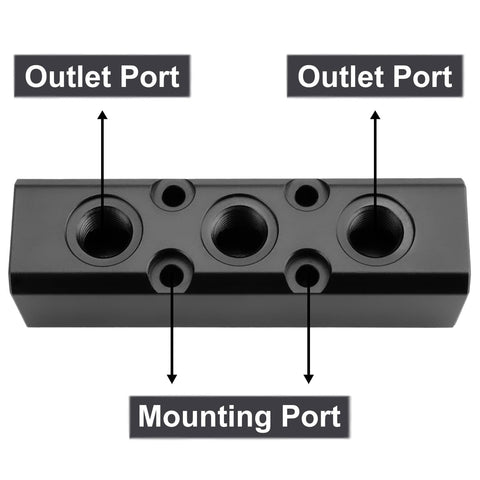 3 Way 5 Port Air Manifold For Compressors, Inline Air Hose Block Splitter with labeled outlet and mounting ports