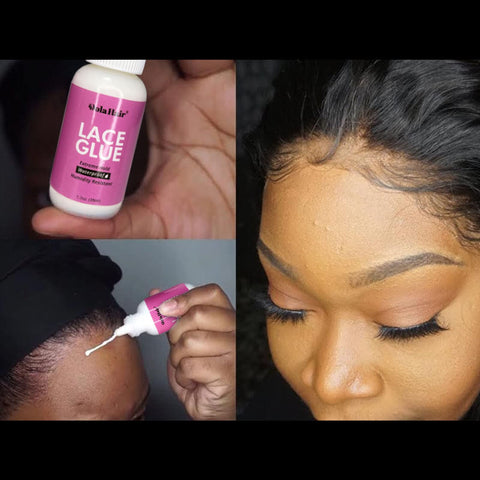 Waterproof Lace Wig Glue Kit With 5 Piece Set And Remover, applied to hairline for strong hold on sensitive scalps.