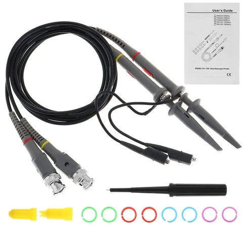 Must Have Upgraded Oscilloscope Clip Probe Gear Kit, 20MHz, Fully Insulated BNC End Probes, 1X 10X, Accessories Included, Pack of 2 for Quick Testing and Safe Measurements shown with accessories.