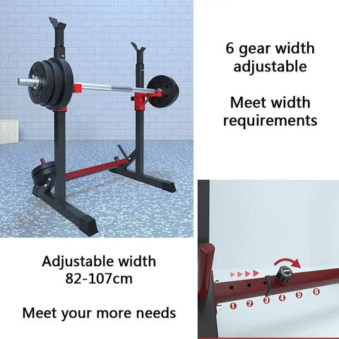 All In One Home Gym Squat Rack And Dip Stand With Barbell And Dumbbell Storage showing 6 gear width adjustment features