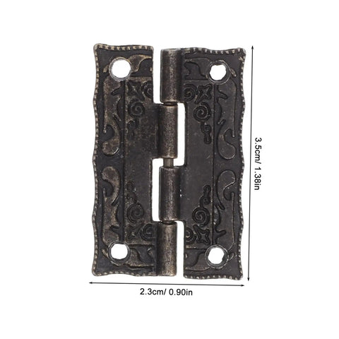 Close-up of Vintage Bronze Cabinet Hinges with screws for wooden boxes and jewelry cases, decorative chest hardware, 3.5cm height.