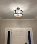 Rustic Farmhouse 14 Inch 3 Light Semi Flush Mount Ceiling Light With Crackle Glass Shade in a hallway setting