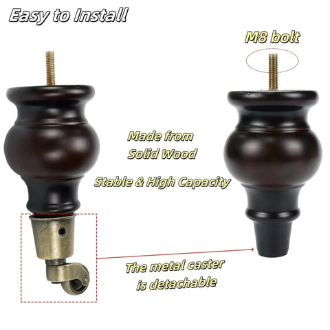 Gourd shape solid wood furniture leg with detachable caster, showcasing M8 bolt, part of Wood Furniture Legs With Casters 4 Pcs 120mm Height.