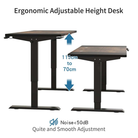 Mobility First Electric Standing Desk Height Adjustable Sit Stand Workstation With Mobile Casters Smooth Glide Ergonomic Home Office Space Saver Brown Build Total Game Changer showing adjustable height from 70cm to 115cm.