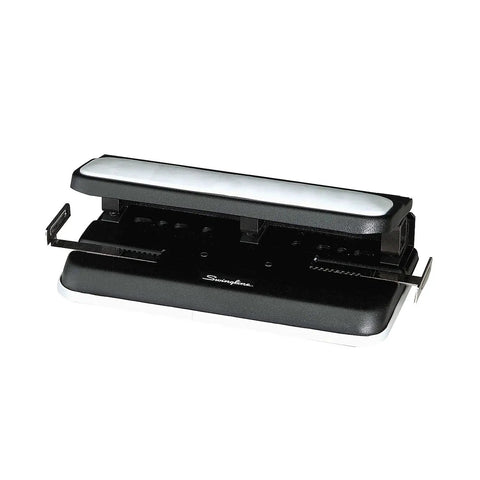 Heavy Duty 2 To 7 Hole Punch With Adjustable Head and Easy Touch Handle, black and gray, side view, office workhorse hole punch