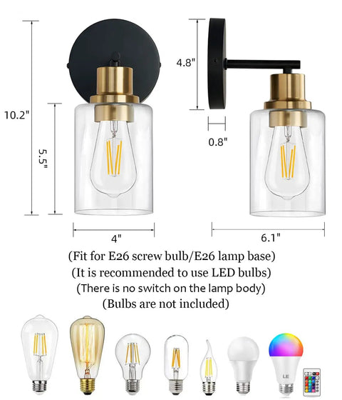 2 Pack Black And Gold Wall Sconces With Clear Glass Shades Sleek Modern Farmhouse Vanity Lights For Bathroom Bedroom And Living Room Durable Thickened Glass Easy Mount Sconce Lighting Fixtures showing dimensions and bulb options