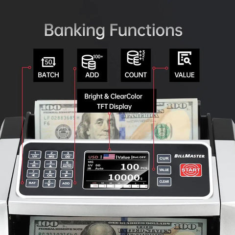 BM6520 Money Counter Machine With UV MG IR DD Counterfeit Detector And Batch Add, 3.5 Inch Color TFT Display, banking functions view