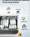 Inside view of Compact Countertop Dishwasher Featuring Automatic Self Draining Tech showcasing washed dishes, stains visible.